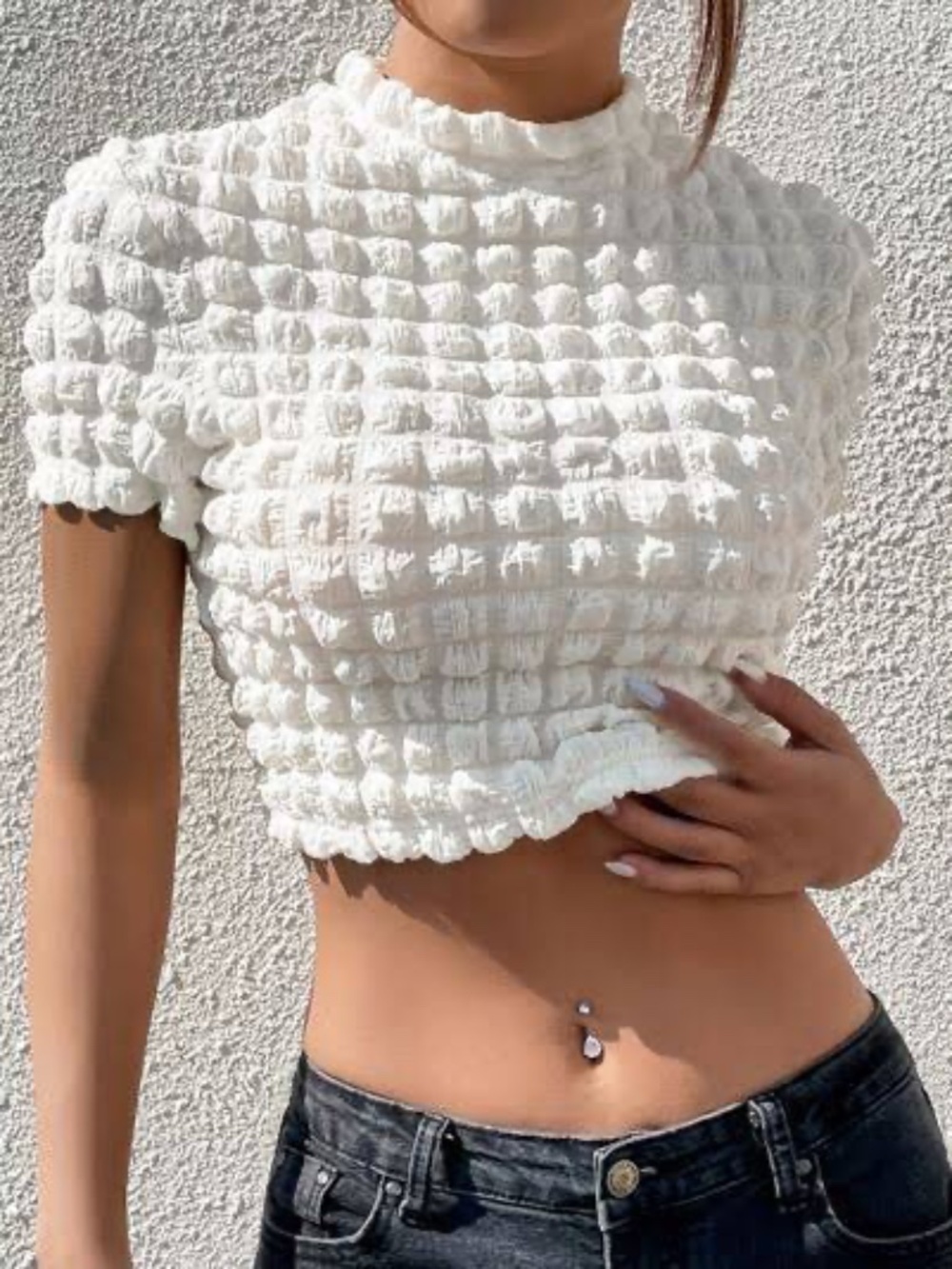 Urban Outfitters Paula Popcorn Knit Crop Top Ivory XS